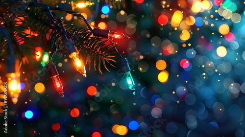 Abstract Christmas tree with glowing lights and festive bokeh background, featuring bright colors and a celebratory holiday design photo