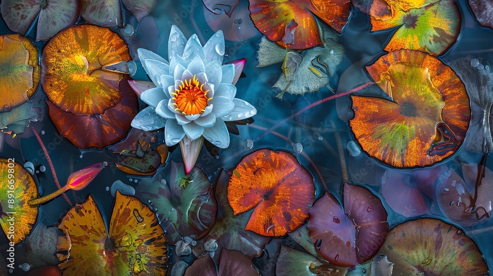 White lotus flowers float in the calm water White lotus flowers float in the calm water