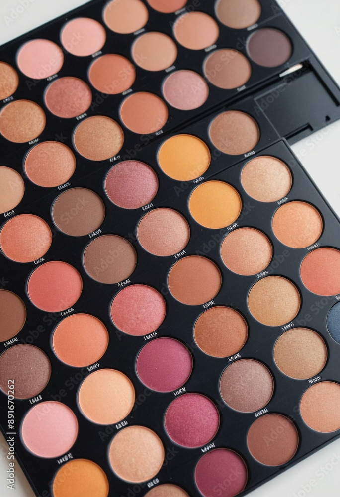 Close-up shot of colorful eyeshadow palettes laid out on a table. Close-up shot of colorful eyeshadow palettes laid out on a table.