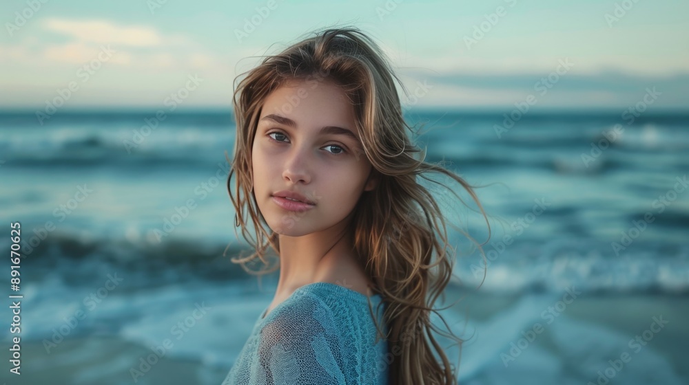Serene woman with blonde hair standing gracefully on the ocean shore in a realistic photo Serene woman with blonde hair standing gracefully on the ocean shore in a realistic photo