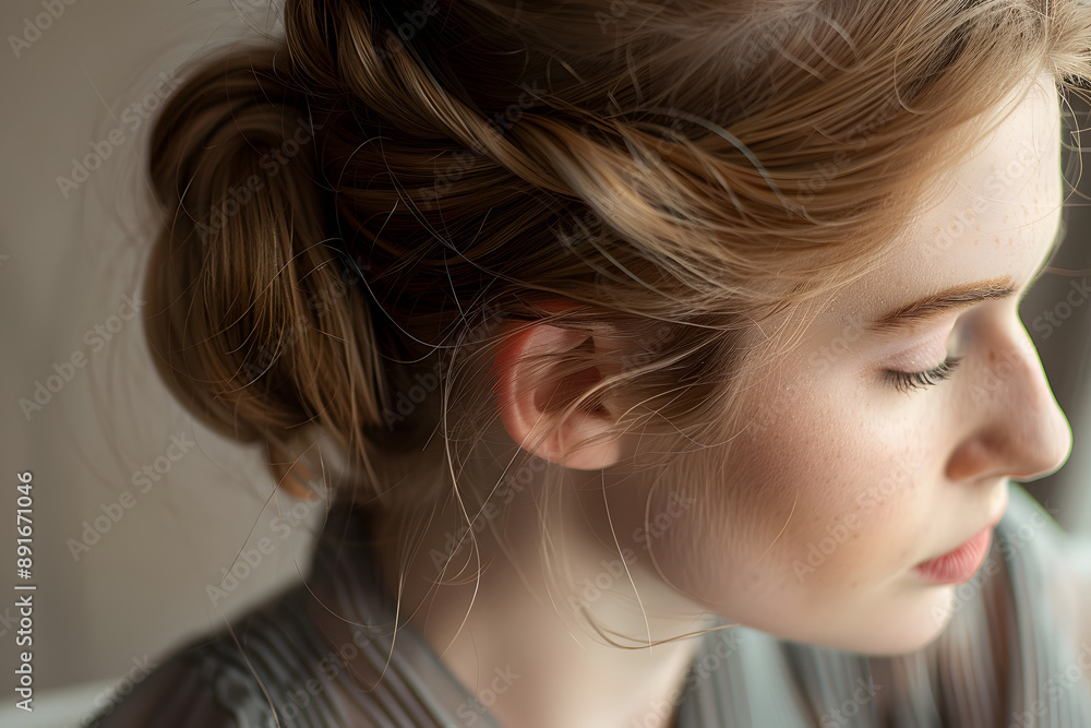 Close up of woman with hair styled in elegant loose bun Close up of woman with hair styled in elegant loose bun