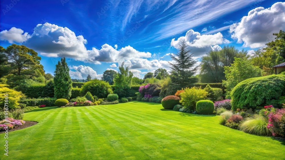 Fototapeta premium Beautiful garden lawn with a large blue sky in the background, garden, lawn, beautiful, blue sky, peaceful, tranquility