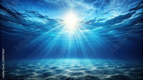 Peaceful underwater landscape with dark blue water of a deep sea and sun glare in the sky, deep sea, underwater, landscape