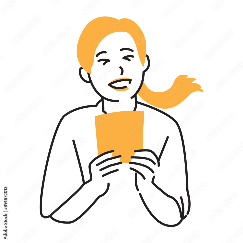 simple illustration of a woman smiling happily while holding a piece of paper simple illustration of a woman smiling happily while holding a piece of paper