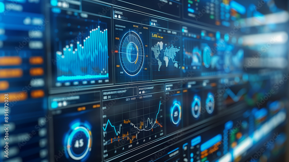 Fototapeta premium Digital Dashboard with Financial Charts and Global Data..