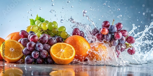 Water splashing on fresh grape and orange, fruit, ripe, food, healthy, citrus, colorful, refreshment, juice, wet, juicy
