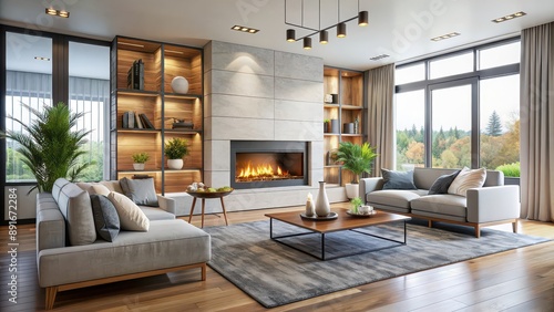 Modern living room featuring a cozy fireplace, modern, living room, interior design, contemporary, home decor