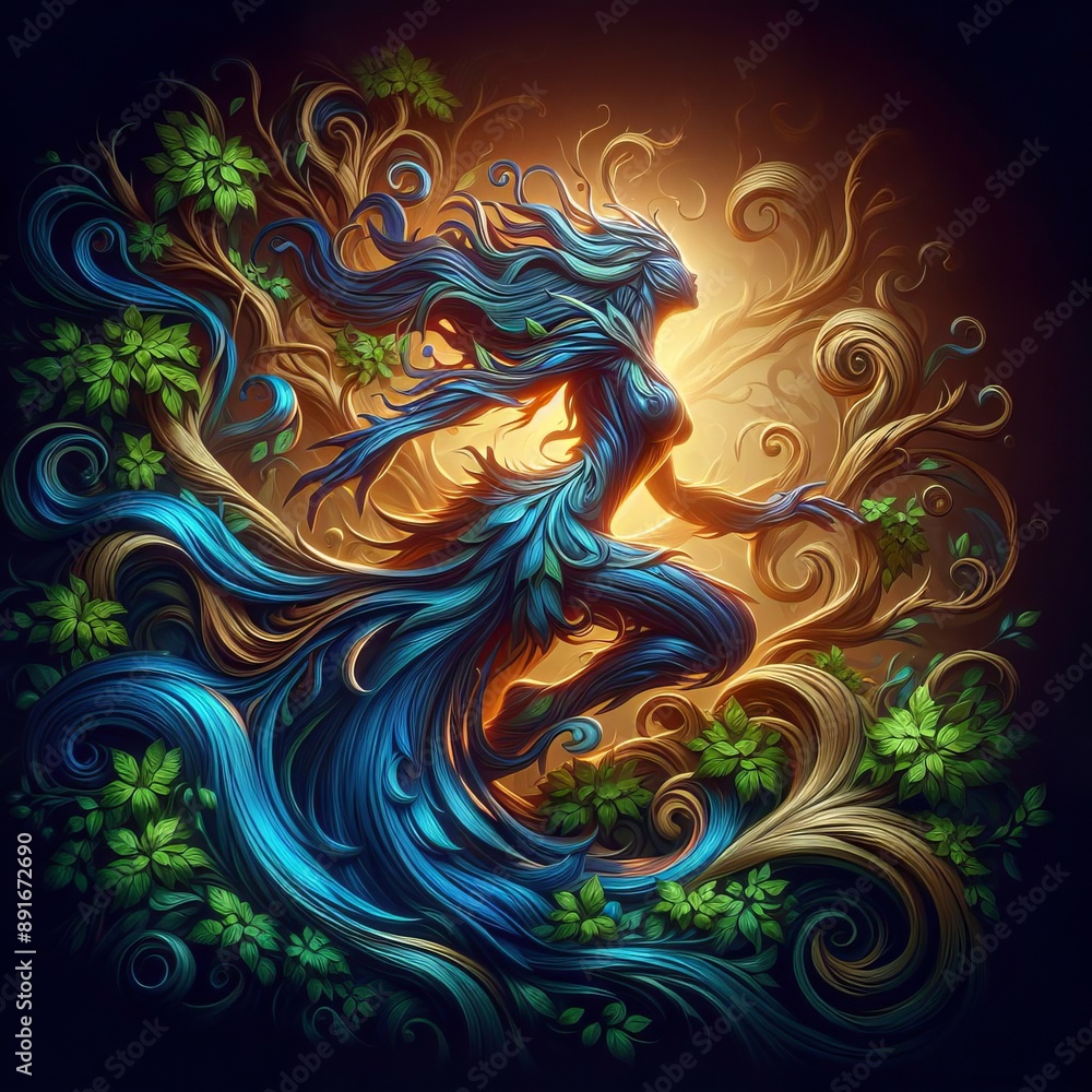 Enchanting mermaid in vibrant blue hues, surrounded by intricate swirls and waves, creating a magical underwater fantasy scene Enchanting mermaid in vibrant blue hues, surrounded by intricate swirls and waves, creating a magical underwater fantasy scene