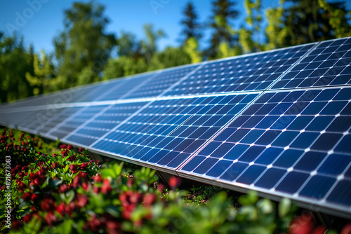 Solar panels generating renewable energy in green natural area. Clean energy source with blue sky, trees and flowers in background. Modern solar power technology, eco friendly electricity production