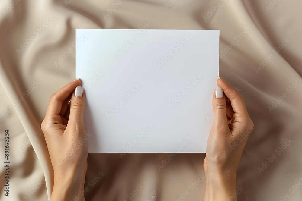 Female hands holding a blank white paper poster flyer on minimalistic background Female hands holding a blank white paper poster flyer on minimalistic background