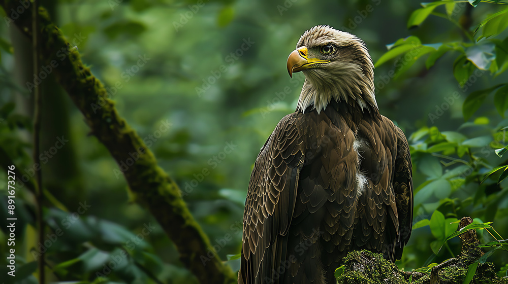 Obraz premium Bald eagle in dense forest, hyper-realistic, intricate feathers, vibrant greenery, peaceful