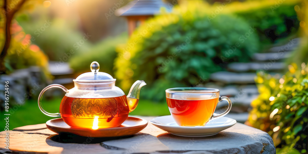 Fototapeta premium a transparent teapot with herbal tea and a tea cup on the background of a beautiful blurred garden with a wooden house