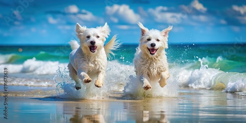 Fototapeta Naklejka Na Ścianę i Meble -  Two white medium-sized dogs running on the beach in the Caribbean Sea, Caribbean, beach, dogs, white, medium-sized, pets, running