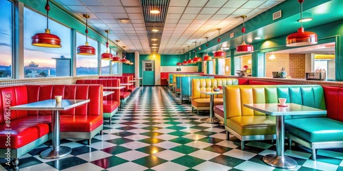 Colorful retro diner restaurant with a vibrant 50s theme, vibrant, colorful, retro, 50s, diner