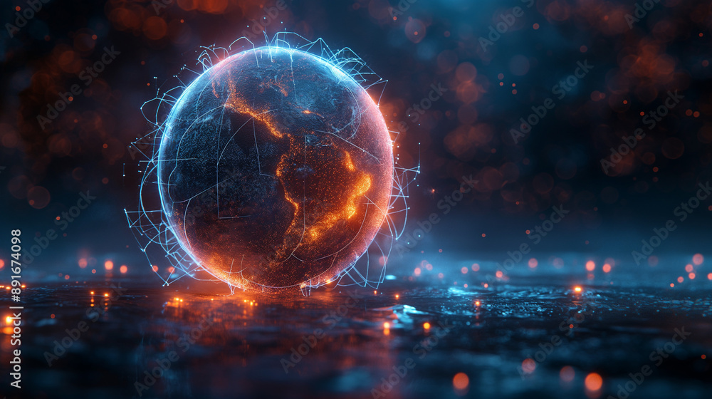 A digital sphere with global network connections and data points, representing the world of AI technology. The background is dark blue with neon lights. In the center there's an abstract representatio A digital sphere with global network connections and data points, representing the world of AI technology. The background is dark blue with neon lights. In the center there's an abstract representatio
