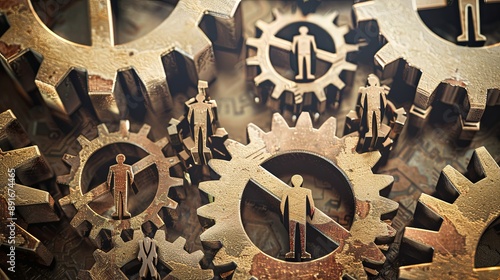 A conceptual art piece featuring gears containing people, representing the role of human capital in business operations photo