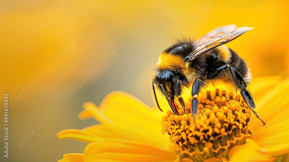 Bumblebee gathering pollen on bright yellow flower Bumblebee gathering pollen on bright yellow flower