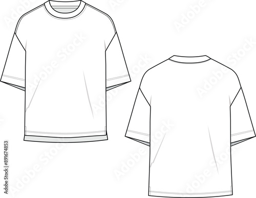 UNISEX WEAR HALF SLEEVE T SHIRT FRONT AND BACK FLAT SKETCH VECTOR ILLUSTRATION