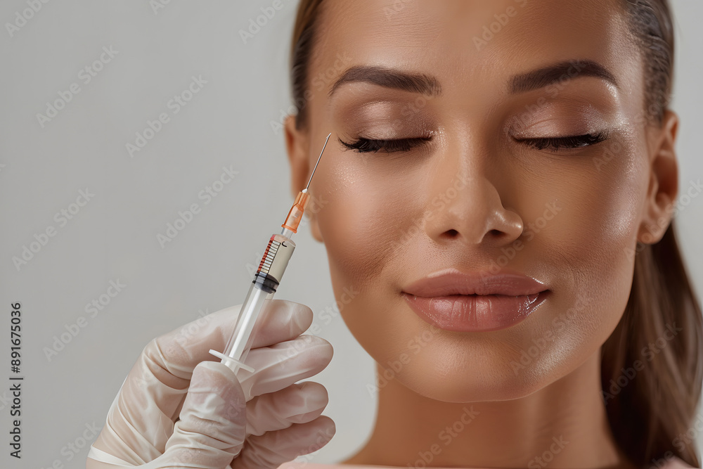 Beautiful caucasian woman before beauty enhancement, next to a syringe in a medical doctor injector office Beautiful caucasian woman before beauty enhancement, next to a syringe in a medical doctor injector office