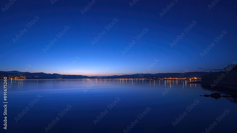 Fototapeta premium Calm water reflecting city lights at blue hour under starry sky