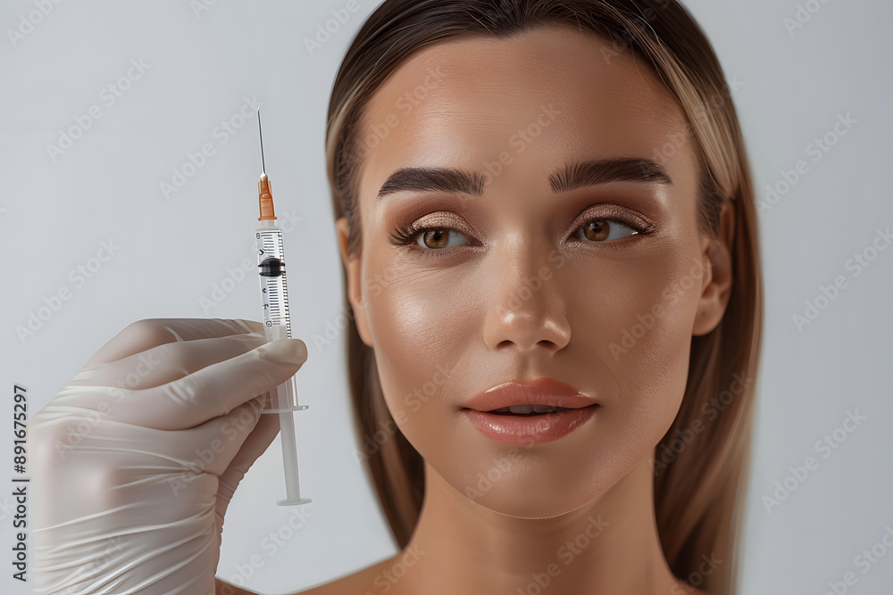 Young caucasian woman age 30 next to a syringe in a medical doctor injector office, plain background Young caucasian woman age 30 next to a syringe in a medical doctor injector office, plain background
