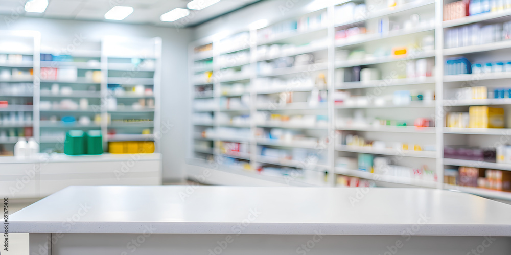 Empty white table top, Drug store blurred background Empty white table top, Drug store blurred background