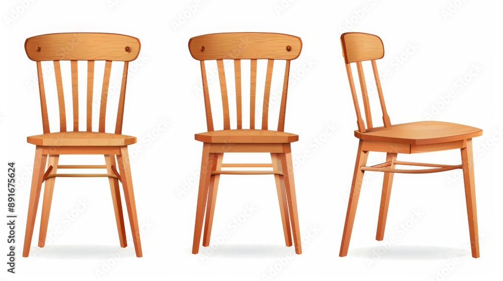 Set of three identical wooden chairs in different view angles. Furniture isolated on white. Photo realistic photo. Set of three identical wooden chairs in different view angles. Furniture isolated on white. Photo realistic photo.
