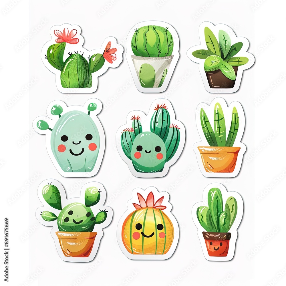 Set of cute kawaii cactus plants smiling and waving Set of cute kawaii cactus plants smiling and waving