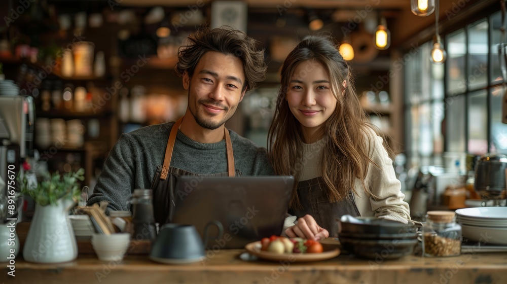 Happy Couple Working Together in Modern Café Happy Couple Working Together in Modern Café