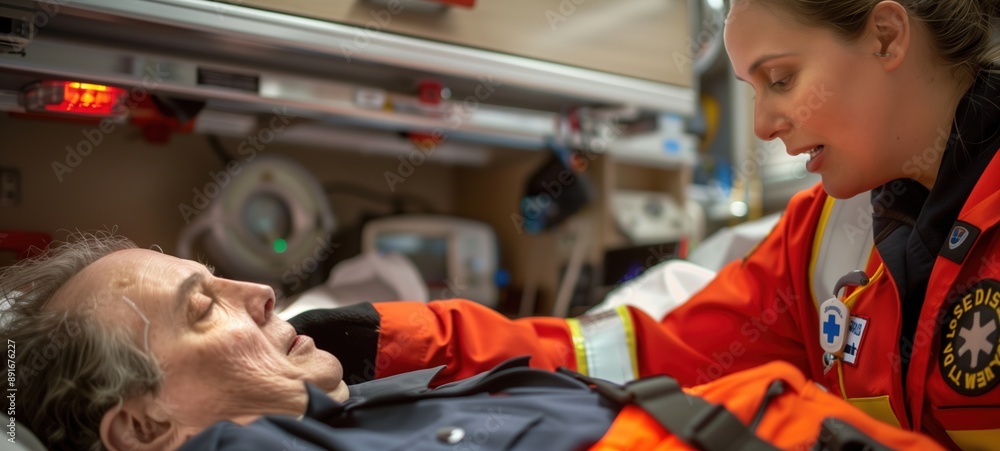 EMT Checking on Patient in Ambulance EMT Checking on Patient in Ambulance