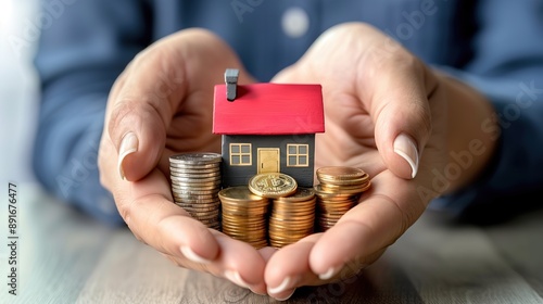 Person's Hands Holding Model House and Stacks of Coins