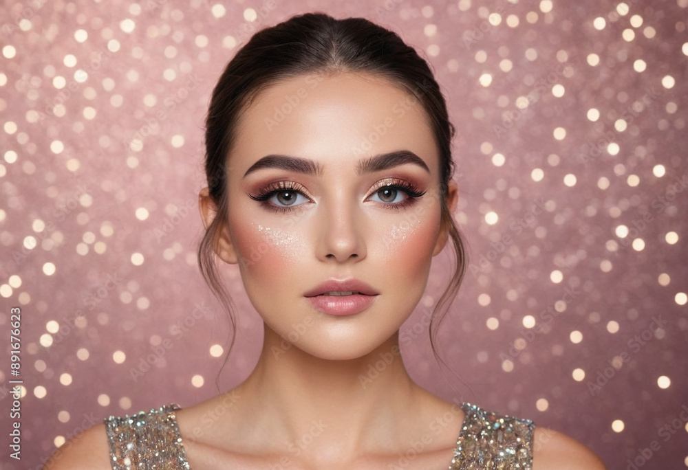 A social media user demonstrating a quick and easy party makeup look with a glittery, festive background. A social media user demonstrating a quick and easy party makeup look with a glittery, festive background.