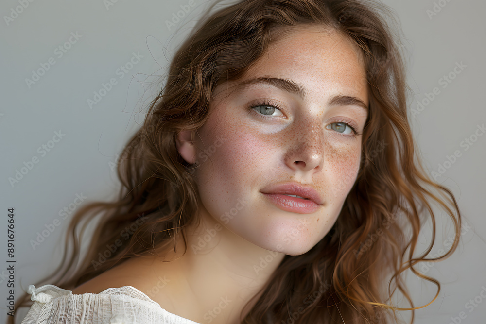 Lovely young woman, age 25, with natural curly hair, without makeup, clear skin featuring freckles Lovely young woman, age 25, with natural curly hair, without makeup, clear skin featuring freckles