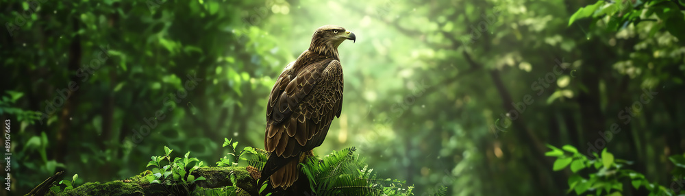 Perched eagle in deep forest, realistic, high resolution, rich greenery, sharp focus Perched eagle in deep forest, realistic, high resolution, rich greenery, sharp focus