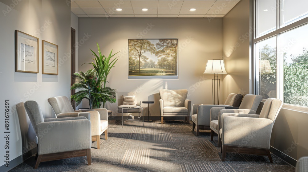 A cozy waiting room with soft carpeting and acoustic panels to reduce noise levels, ensuring a peaceful environment for all visitors A cozy waiting room with soft carpeting and acoustic panels to reduce noise levels, ensuring a peaceful environment for all visitors