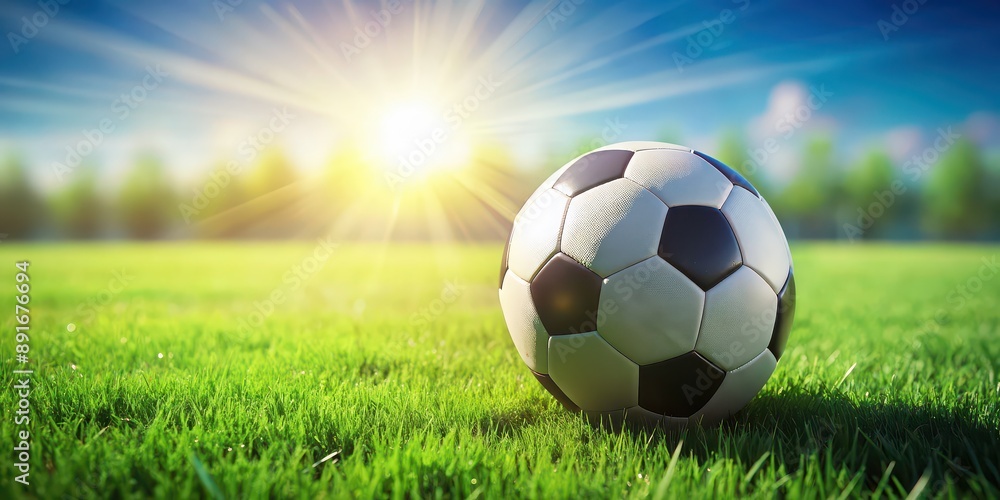 Fototapeta premium Soccer ball on vibrant green grass field , sports, soccer, football, recreation, game, outdoor, activity