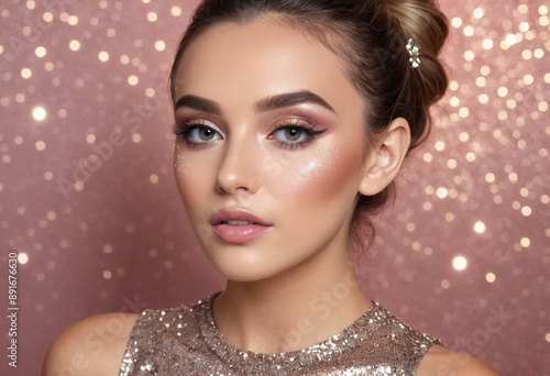  A social media user demonstrating a quick and easy party makeup look with a glittery, festive background. 