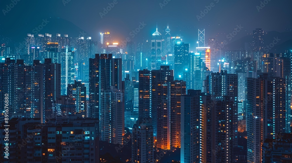 A nighttime view of a bustling city with modern high-rise buildings and skyscrapers illuminated by glowing windows, representing business, economy, jobs, work, and employment A nighttime view of a bustling city with modern high-rise buildings and skyscrapers illuminated by glowing windows, representing business, economy, jobs, work, and employment