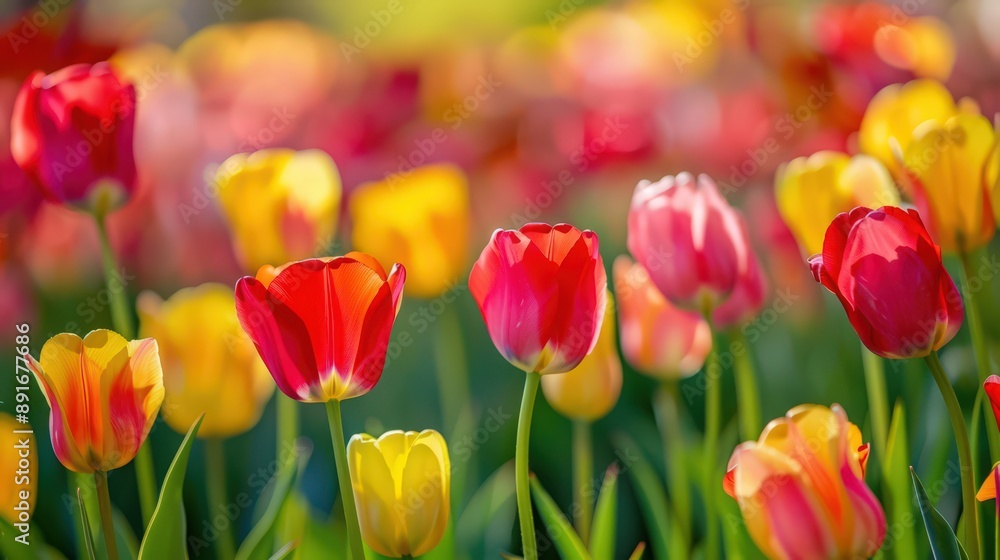 A field of vibrant tulips swaying in the spring breeze, painting the landscape with shades of red, yellow, and pink. A field of vibrant tulips swaying in the spring breeze, painting the landscape with shades of red, yellow, and pink.