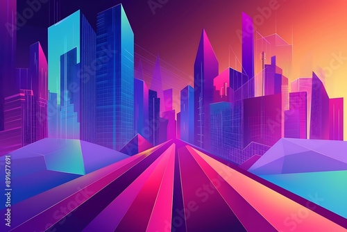 A vector of an abstract futuristic city, geometric buildings, gradient colors, dynamic composition, clean lines, modern design, vibrant hues, high-tech elements © Asaad