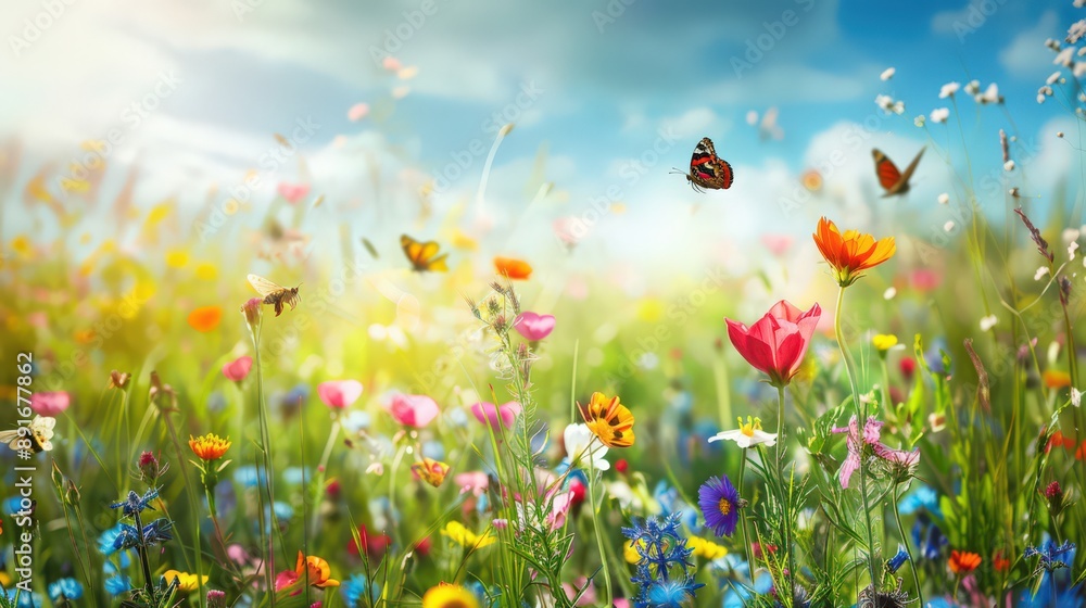 A field of wildflowers buzzing with bees and butterflies, their vibrant colors contrasting against the green backdrop of a meadow under a cloudless summer sky A field of wildflowers buzzing with bees and butterflies, their vibrant colors contrasting against the green backdrop of a meadow under a cloudless summer sky