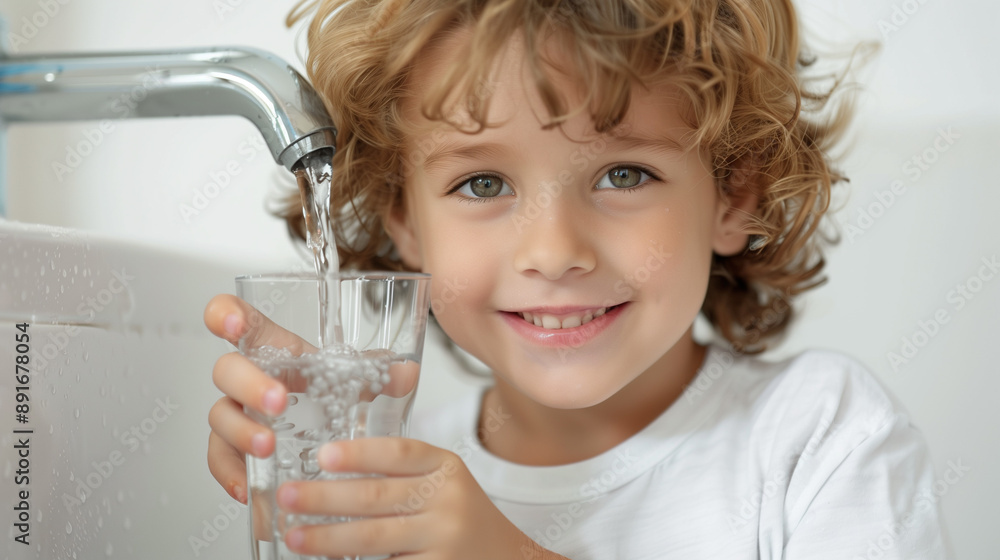 Happy child fills a glass with water in a bathroom, capturing the innocence of youth and the value of staying hydrated Happy child fills a glass with water in a bathroom, capturing the innocence of youth and the value of staying hydrated