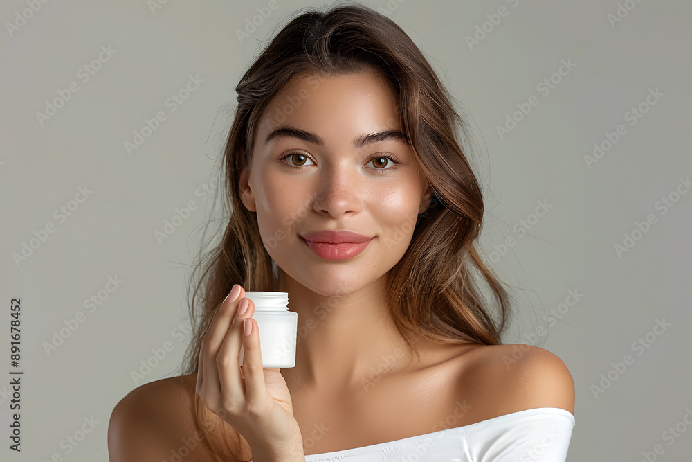 Natural young woman holding a jar of cream, looking straight ahead Natural young woman holding a jar of cream, looking straight ahead