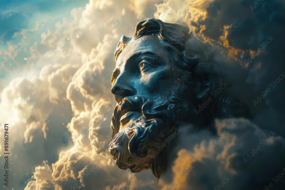 Fototapeta premium A majestic stone statue of a bearded man emerging from ethereal clouds, basking in a divine glow under a dramatic sky.