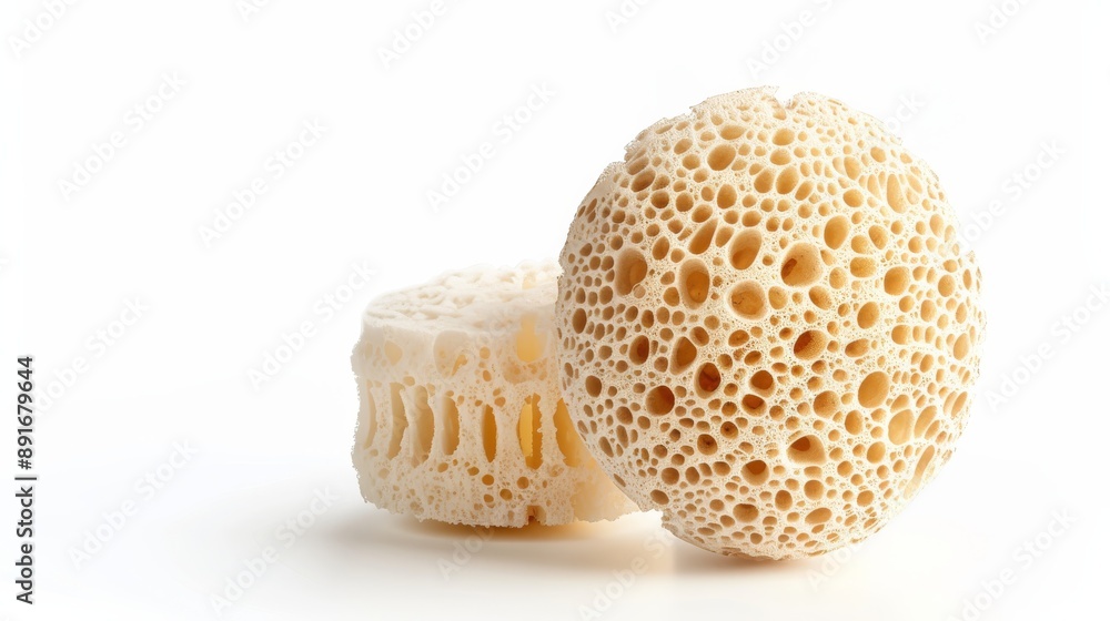 New shower puff and loofah sponge on white background. Personal hygiene. Personal care products isolated on white. Photo realistic photo. New shower puff and loofah sponge on white background. Personal hygiene. Personal care products isolated on white. Photo realistic photo.