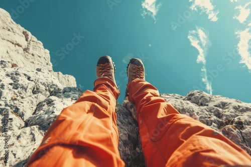 This image captures an adventurer's view looking down at their feet while climbing a rocky mountain, wearing distinctive orange gear under a clear blue sky. photo