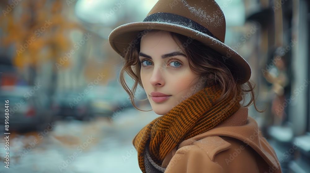 Autumn City Gaze: A stylish young woman in a fedora and scarf, braving the first snow with a captivating gaze. Autumn City Gaze: A stylish young woman in a fedora and scarf, braving the first snow with a captivating gaze.