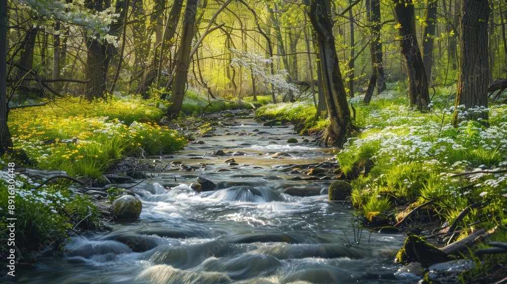 A gentle stream flowing through a forest of blossoming trees, ideal for a peaceful and natural backdrop. A gentle stream flowing through a forest of blossoming trees, ideal for a peaceful and natural backdrop.