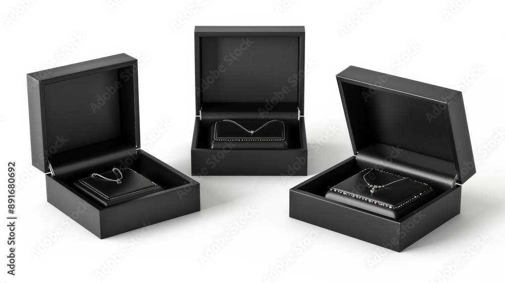 Fototapeta premium Black jewelry boxes opened isolated against white background. Jewelry isolated on white. Photo realistic photo.