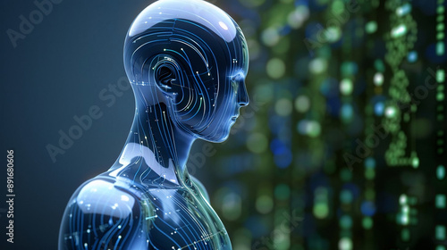 Modern humanoid stands on abstract glowing tech background